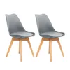 Two gray dining chairs with wooden legs are shown against a white background.