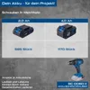 A marketing image showing two battery packs for a cordless drill, with information about their capacity and the number of screws they can drive. A cordless drill is also shown at the bottom. Produktbild-Vorschau