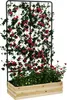 A wooden planter box with a metal trellis filled with red flowers and green foliage. Voir les images du produit