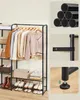 A clothing rack with clothes and shoes, with close-up shots of the rack's components. Náhled obrázku produktu
