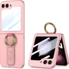 A pink flip phone case with a gold ring holder is shown in two views: closed and open.