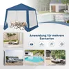 Collage of images showing a blue gazebo with mosquito netting, outdoor furniture, a swimming pool, and a rooftop lounge area. Produktbild-Vorschau