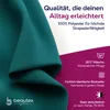 A close-up of teal fabric with marketing text and icons overlaid. Produktbild-Vorschau
