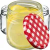Three glass jars, one filled with lemon slices and liquid, with a red and white checkered lid in the foreground. Anteprima dell’immagine prodotto