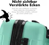 A close-up of a mint green suitcase with a hammer icon indicating impact, and text describing reinforced corners. Produktbild-Vorschau