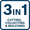 A graphic displaying "3 IN 1" with text below indicating "CUTTING, COLLECTING & MULCHING". Voir les images du produit