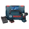 A Bosch cordless drill, two batteries, a charger, and a blue L-Boxx storage case are displayed on a white background. Produktbild-Vorschau
