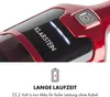 Close-up of a red and black vacuum cleaner handle with a power button and battery indicator lights. Produktbild-Vorschau