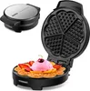 A heart-shaped waffle maker is shown open with a waffle decorated with ice cream and fruit, and another waffle maker is shown closed in the upper left corner. Podgląd zdjęcia produktu