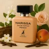A bottle of Maison Alhambra Narissa Eau de Parfum Peach is displayed with surrounding decorative elements. Produktbild-Vorschau
