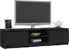 A black TV stand with a television on top, and decorative items and books on the shelves. Voir les images du produit