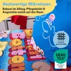 A close-up of a Spongebob themed duvet cover and pillowcase with text overlays describing the material and certifications. Produktbild-Vorschau