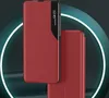 A red flip phone case is displayed with a transparent window showing time and date. Produktbild-Vorschau