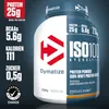 A product shot of a Dymatize ISO 100 Hydrolyzed Whey Protein Isolate container, with nutritional information displayed on the left side. Produktbild-Vorschau