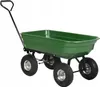A green garden cart with four wheels and a black handle, isolated on a white background. Produktbild-Vorschau
