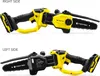 Two views of a yellow and black cordless chainsaw, labeled as 'RIGHT SIDE' and 'LEFT SIDE'. Produktbild-Vorschau