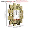 A golden wall clock with Roman numerals on a white background, with dimensions and weight information overlaid. Voir les images du produit