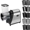 A product shot of an electric multi-functional slicer with various attachments displayed on the right side. Produktbild-Vorschau