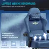 A close-up marketing image of a blue gaming chair, highlighting its fabric texture and breathable features with text overlays and icons. Podgląd zdjęcia produktu