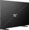 A black Hisense 75-inch 4K Ultra HD Smart TV is shown from a slight angle, resting on its stand. Voir les images du produit