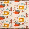 A repeating pattern of sewing-related items like sewing machines, fabric rolls, scissors, and mannequins. Produktbild-Vorschau