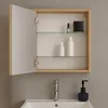 A bathroom cabinet with its door open, showing shelves with toiletries and a faucet and soap dispenser below. Anteprima dell’immagine prodotto
