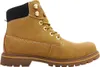 A side view of a tan work boot with yellow laces and gold eyelets. Produktbild-Vorschau