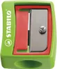 A close-up studio shot of a green and red pencil sharpener. Voir les images du produit