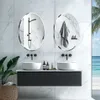 A modern bathroom with a double vanity, two oval mirrors, and a view of a tropical beach. Podgląd zdjęcia produktu