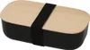 A black bento box with a natural wood lid, secured by a black elastic band. Produktbild-Vorschau