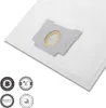A white vacuum cleaner bag with a gray connector and several circular badges at the bottom left. Produktbild-Vorschau