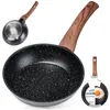 A frying pan with a wooden handle is shown from multiple angles, with a small inset image of the pan with a fried egg inside. Podgląd zdjęcia produktu