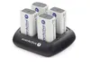A black battery charger with four 9V rechargeable batteries inserted, shown against a white background. Podgląd zdjęcia produktu