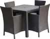 A square outdoor dining table with four chairs, all made of dark brown wicker-like material, set against a white background. Produktbild-Vorschau