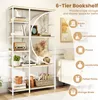 A 6-tier bookshelf filled with various decorative items and books, with overlaid text highlighting its features. Produktbild-Vorschau