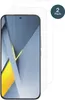 Two screen protectors are shown on a white background, with one partially covering a smartphone. Produktbild-Vorschau