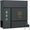 A dark gray mailbox with an owl design and the word "POST" is shown against a white background. Two keys are placed in the bottom right corner. Produktbild-Vorschau