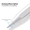 Close-up of a white stylus pen tip with a circular arrow indicating rotation, and text describing its features. Produktbild-Vorschau