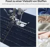 Close-up of a sewing machine needle and foot stitching on dark fabric, with swatches of different fabric types shown on the right. Produktbild-Vorschau
