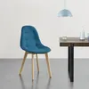 A blue upholstered dining chair is shown next to a wooden dining table with a black metal leg. Produktbild-Vorschau