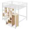 A white metal loft bed with wooden shelves and stairs against a white background. Voir les images du produit