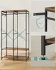 A multi-panel image showing a garment rack with shelves, close-ups of its safety features and adjustable feet. Produktbild-Vorschau