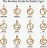 A grid of 12 zodiac sign charms, each with its constellation design and sparkling stones, arranged in four rows of three. The title 'The Pandora Guide to Zodiac Signs' is at the top. Podgląd zdjęcia produktu