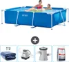 A collage showing an Intex rectangular swimming pool with people in it, and four smaller images of accessories: a rolled-up cover, a filter pump, a filter housing, and a bag of pool salt. Produktbild-Vorschau