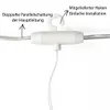 A close-up of a white plastic clip attached to a string of lights, with arrows and German text pointing to different parts of the clip and its function. Podgląd zdjęcia produktu
