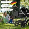 A mother and child sitting on grass next to a black stroller in a park. Produktbild-Vorschau