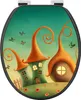 A whimsical illustration of fairy tale houses with whimsical roofs, surrounded by butterflies and flowers, on a toilet seat. Produktbild-Vorschau