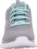 A close-up front view of a gray sneaker with mint green laces. Voir les images du produit