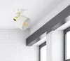A white and gold ceiling light fixture is shown mounted on a white ceiling, with a gray beam and white brick wall in the background. Podgląd zdjęcia produktu