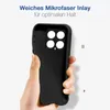 A hand holding a black phone case, with German text overlay describing its features. Produktbild-Vorschau